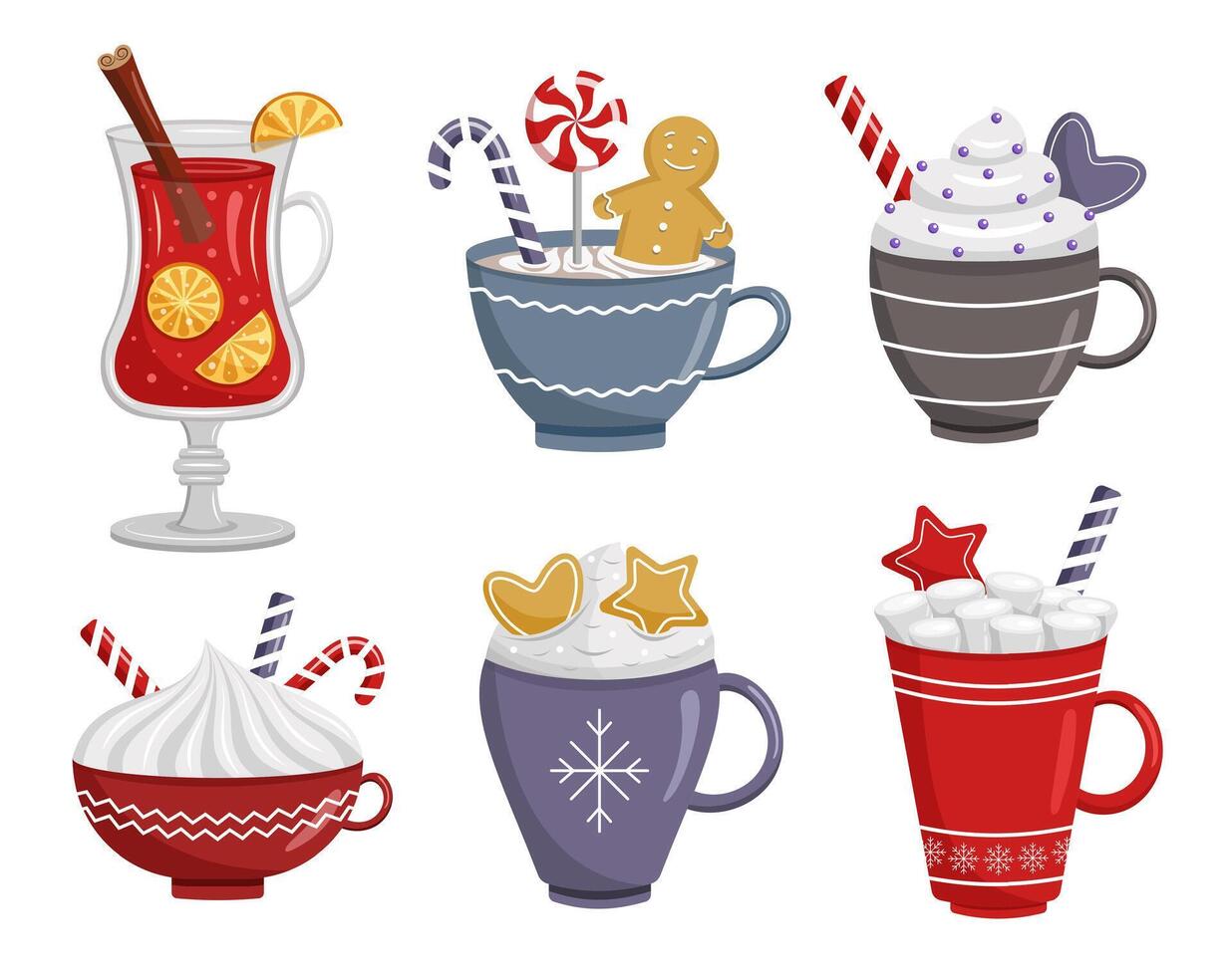 Set of Christmas hot drinks. Collection of cups with patterns. Marshmallow, mulled wine, coffee, hot chocolate, whipped cream, sweet cane. illustration vector