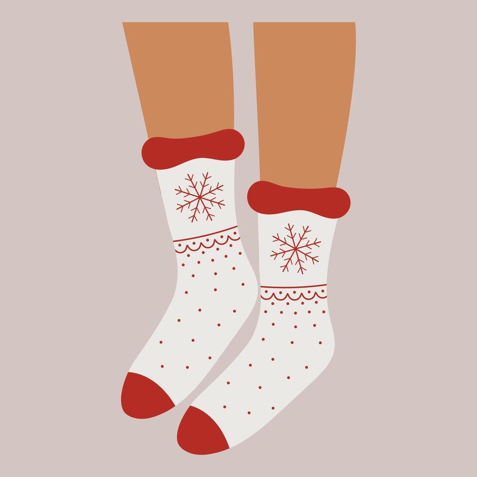 Christmas pair of white socks with snowflake on feet. New Year decoration. Flat illustration vector