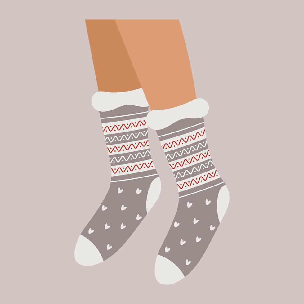 Christmas pair of gray socks with pattern on feet. New Year ornament. Flat illustration vector
