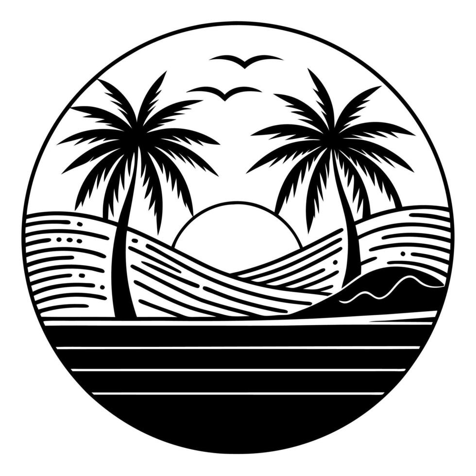 Attractive Palm Tree Sunset Silhouette in Minimalist Circle Design vector