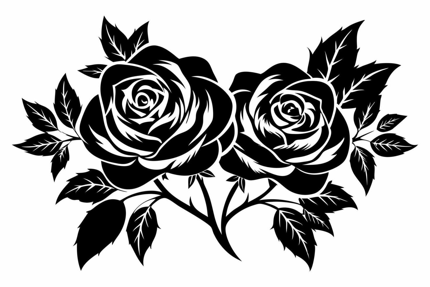 Black and White Silhouette of Blooming Roses with Intricate Leaves and Thorns in Classic Floral Composition vector