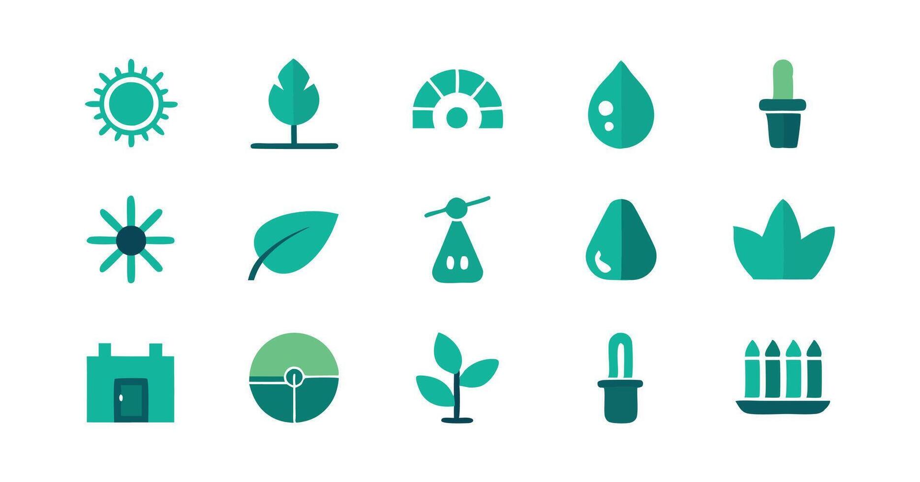 A set of green icons that include plants, flowers, and other objects vector