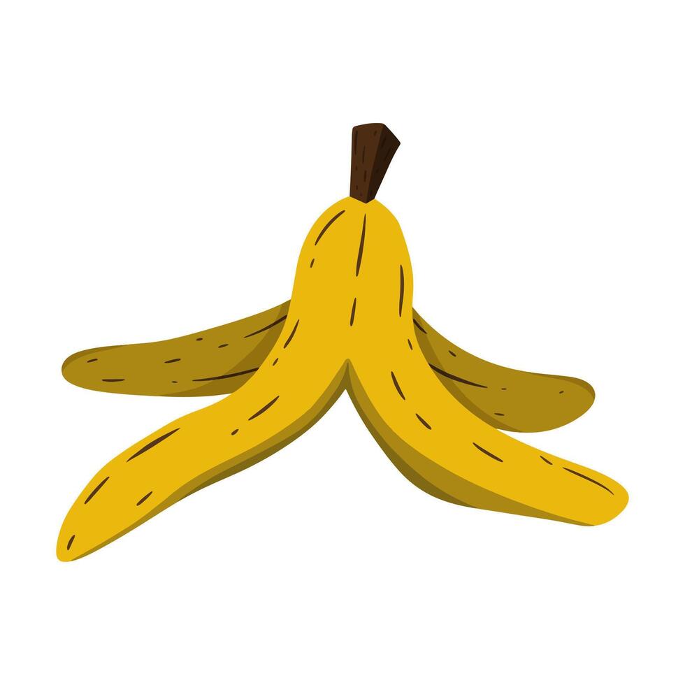 bright yellow banana peel, isolated on white background. The playful design captures a fun and quirky vibe, perfect for creative projects or designs with a humorous touch. vector