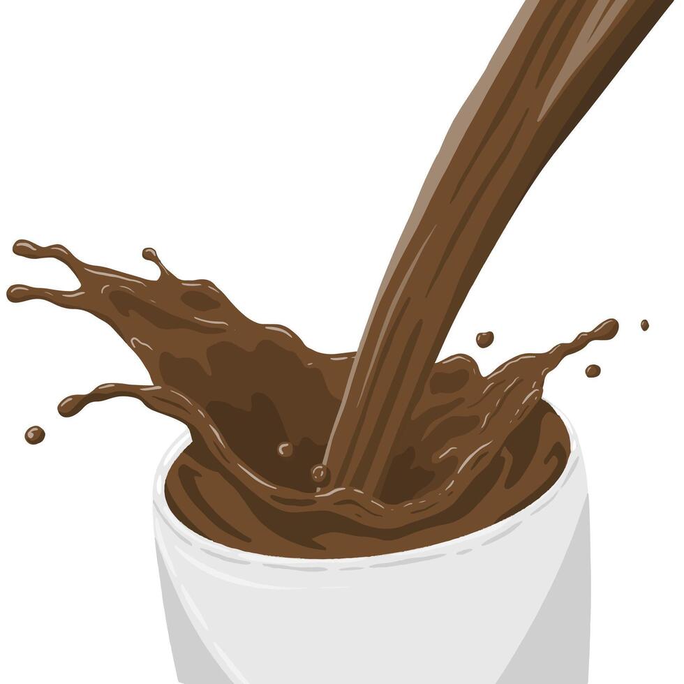 Illustration of a chocolate liquid poured into a white cup or mug. Isolated on white background. Chocolate milk splash out of glass. vector