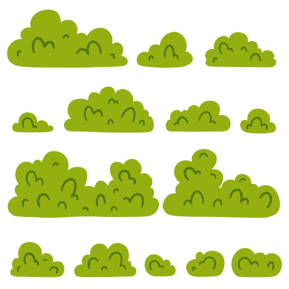 A set of green bushes in various shapes and sizes. Ideal for use in design projects such as landscape illustrations, nature-themed materials, or background elements. Bushes collection. vector