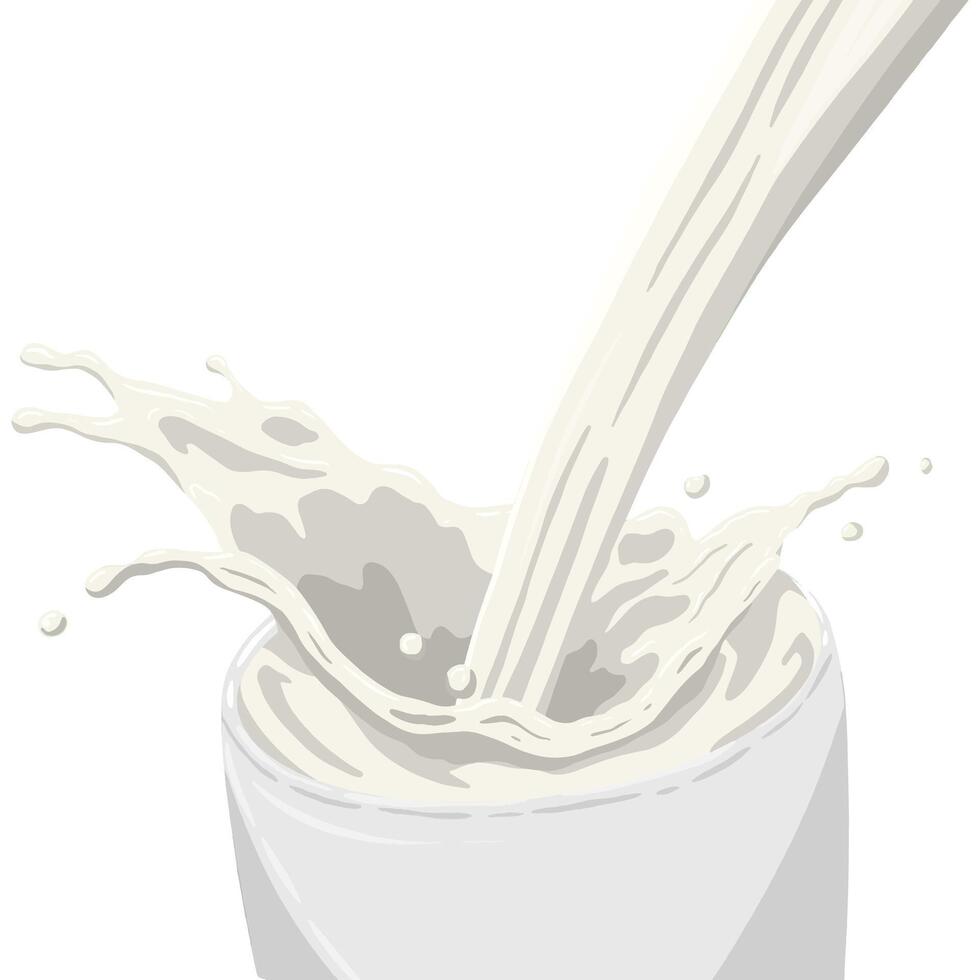 A milk being poured into a white cup, creating an energetic splash. Ideal for dairy related designs, highlighting purity, freshness, and nutritional value. Perfect for food or drink themes. vector