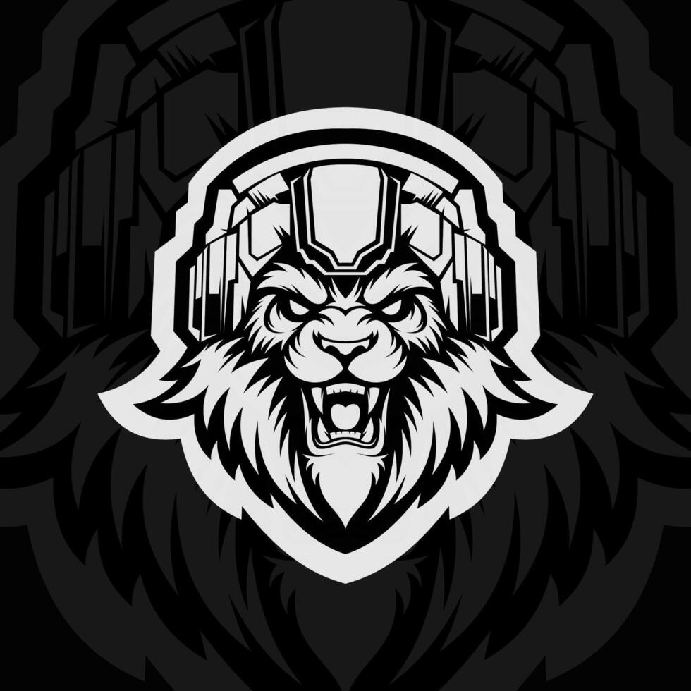 Lion head with headphones on a black background vector