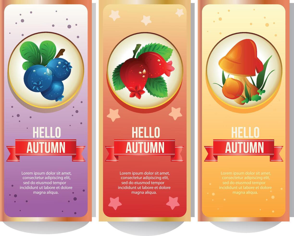 autumn banner collection with blueberry cranberry and mushroom vector