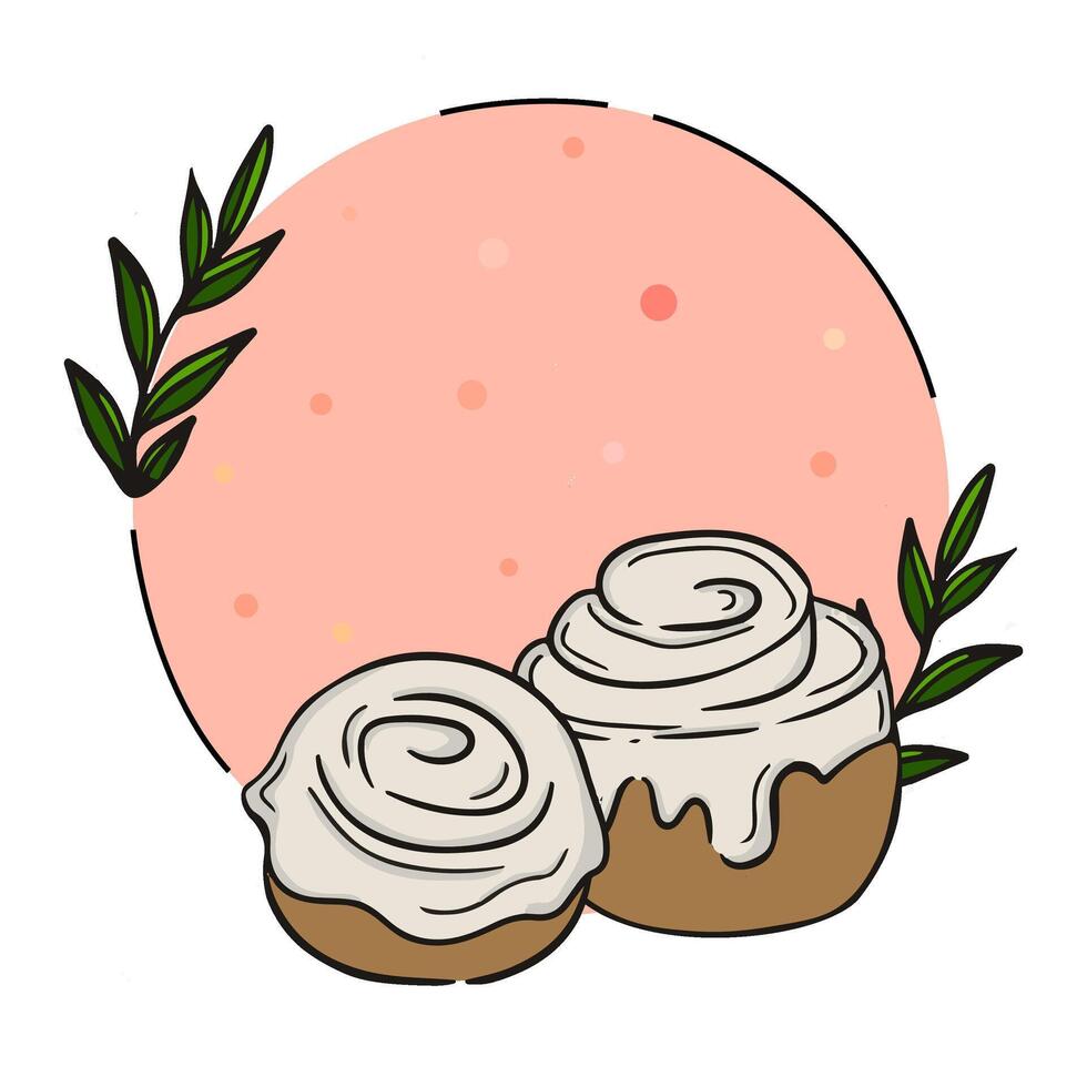 Delicious cinnamon rolls with creamy frosting on a pastel background with decorative leaves vector