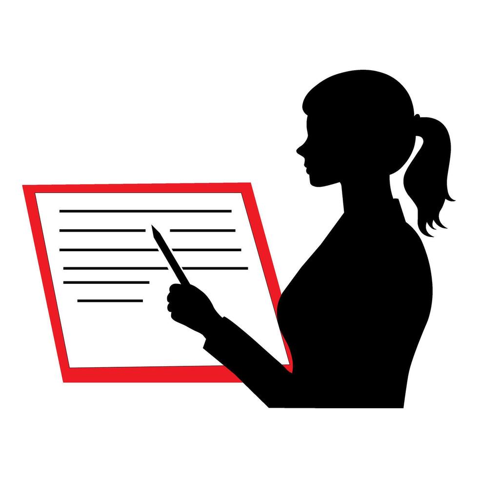A woman reviewing a document with a pen in her hand against a simple background vector