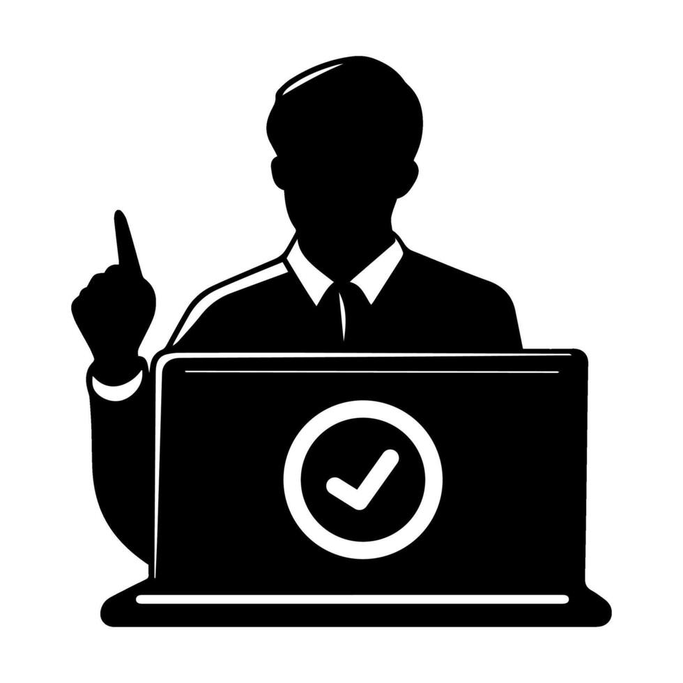 Business professional giving a presentation and expressing agreement while using a laptop vector