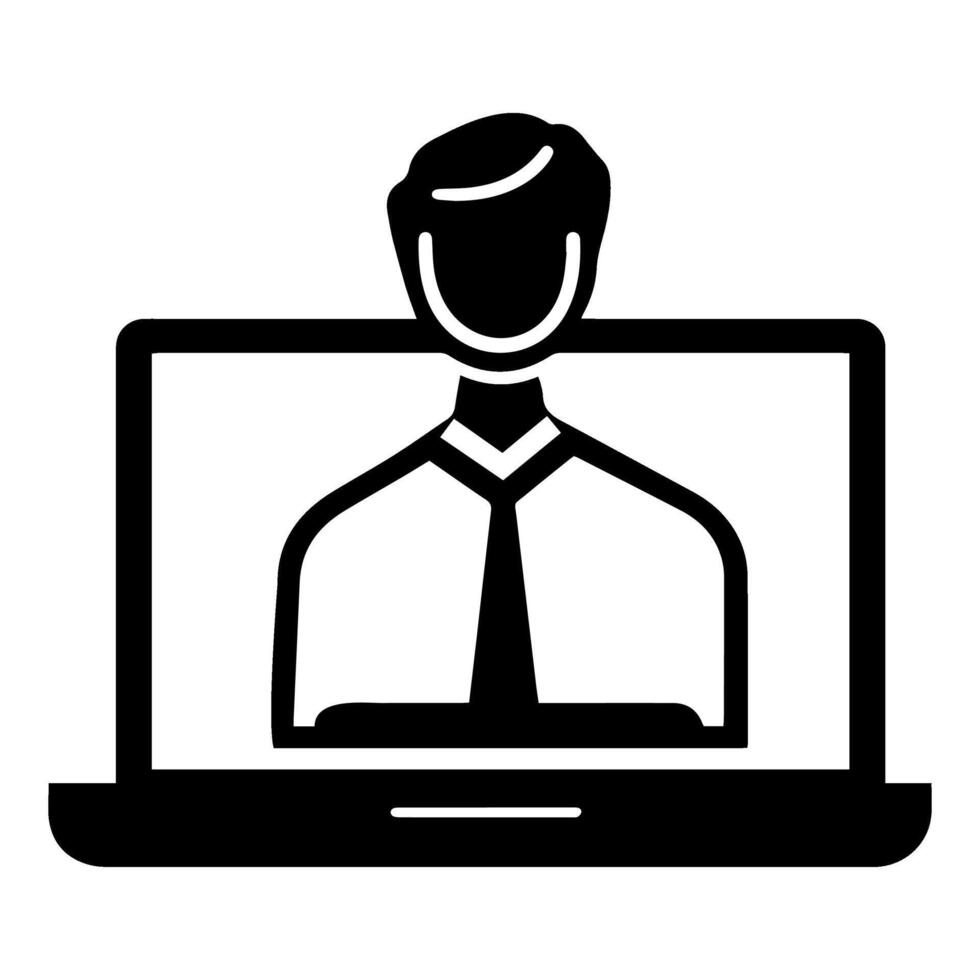 A person participating in a virtual meeting on a laptop while wearing a business suit vector