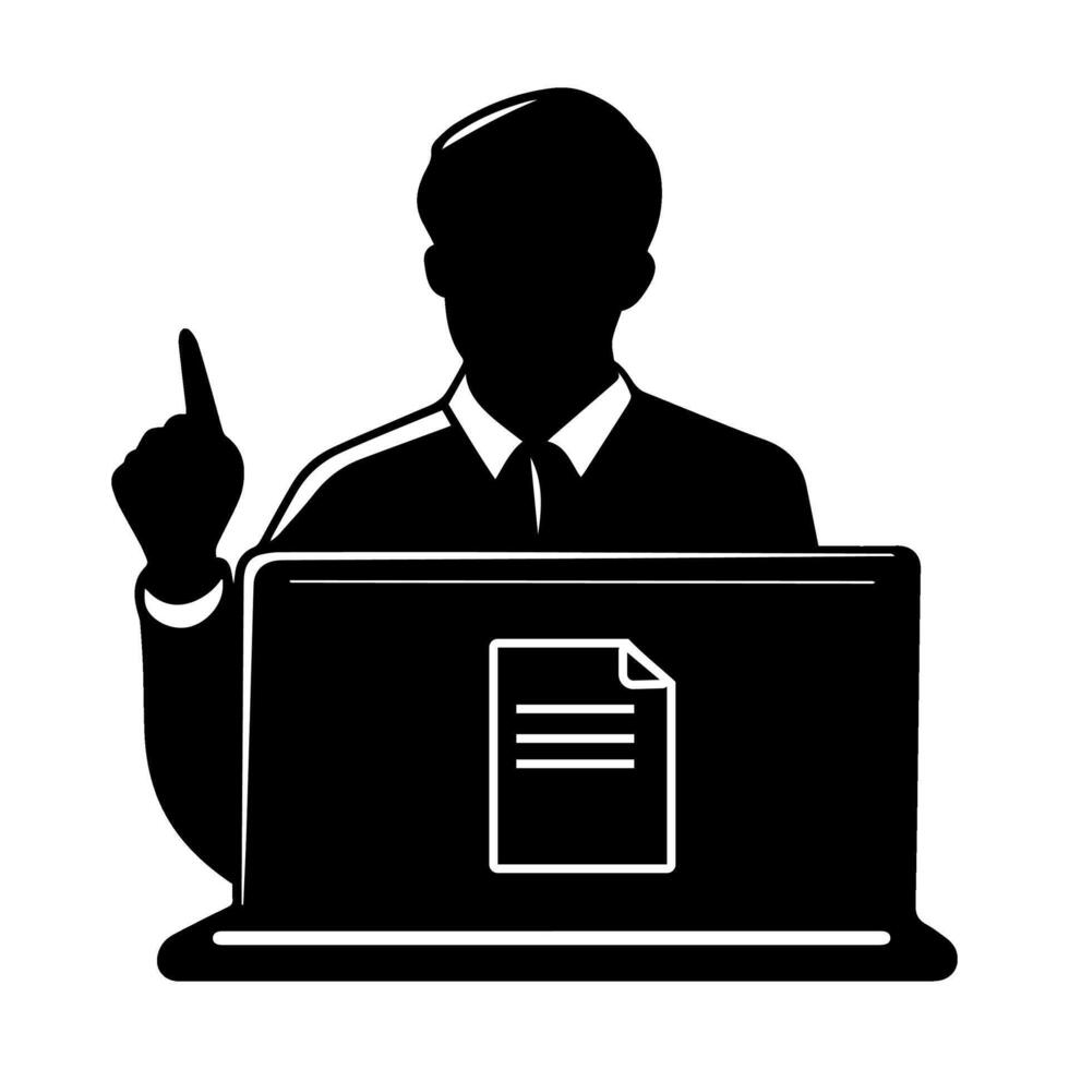Business professional giving a presentation while using a laptop in a modern office setting vector