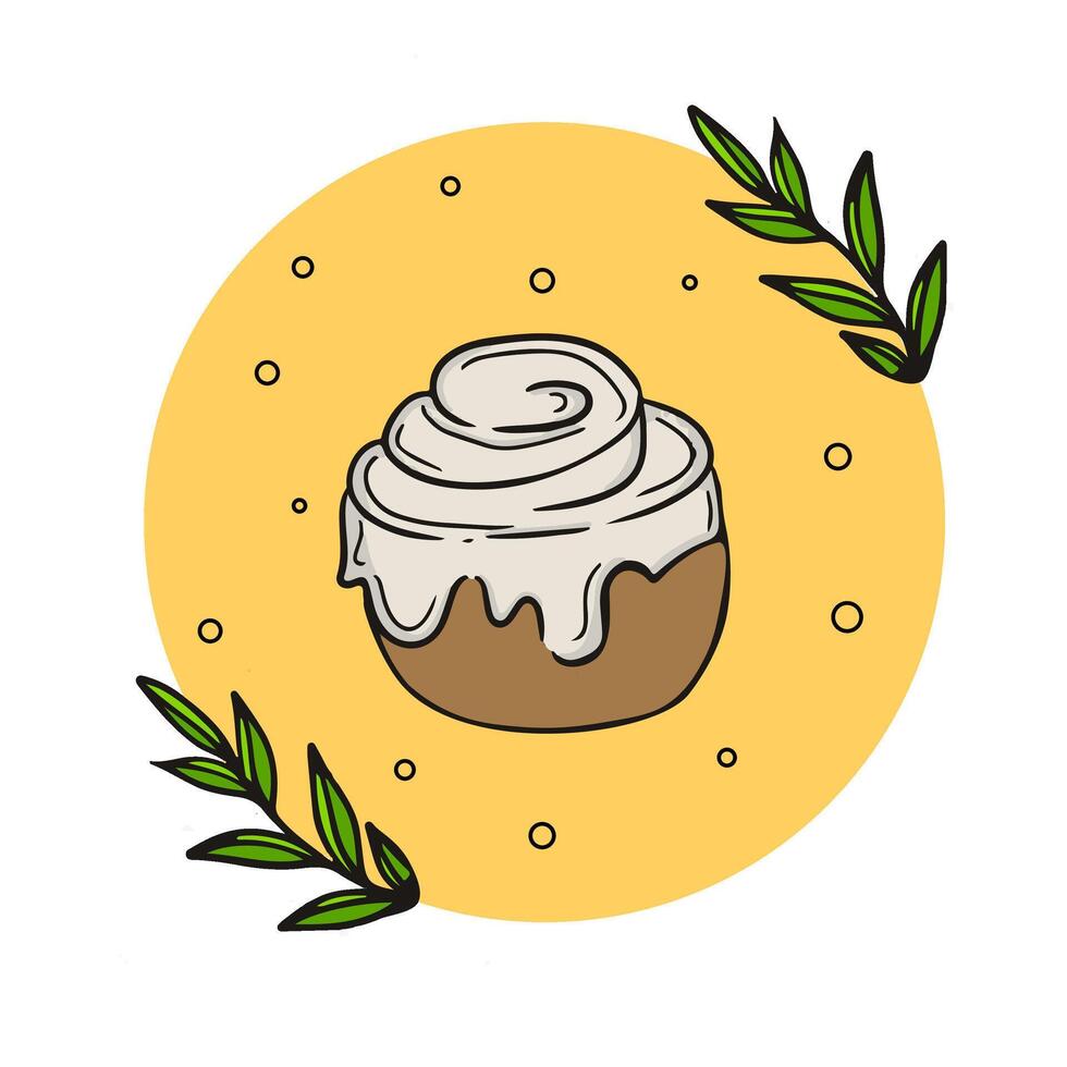 Delicious cinnamon roll with cream frosting surrounded by decorative leaves on a yellow background vector