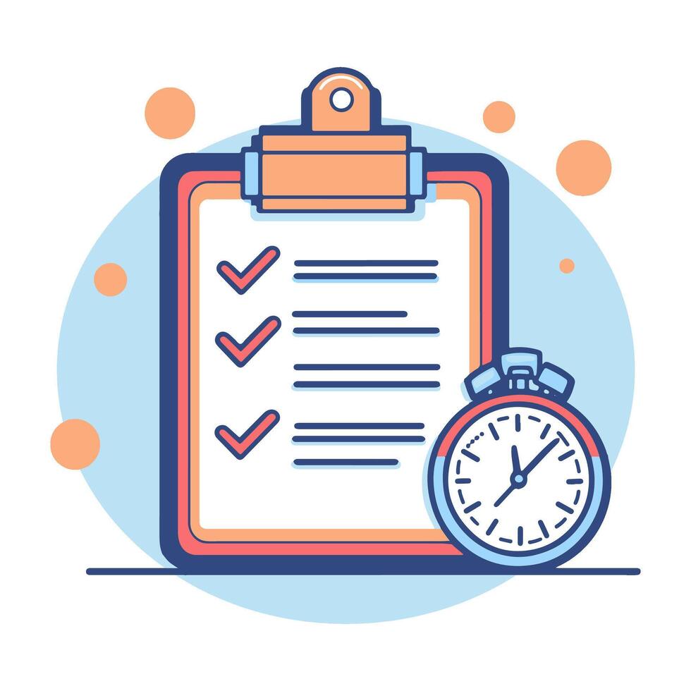 A colorful checklist on a clipboard with a stopwatch, symbolizing time management vector