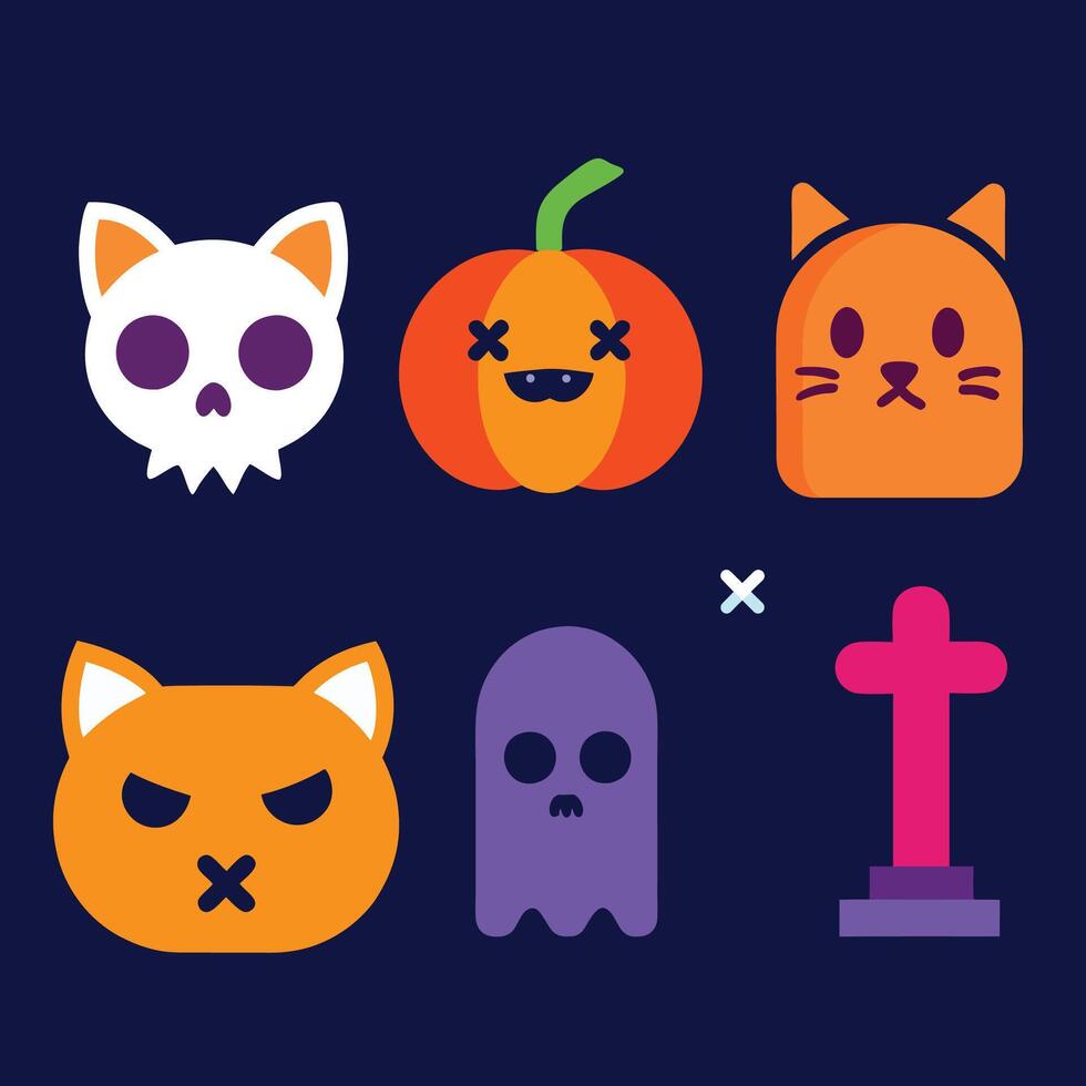 Halloween cartoon sticker pack with spooky skulls and bats vector