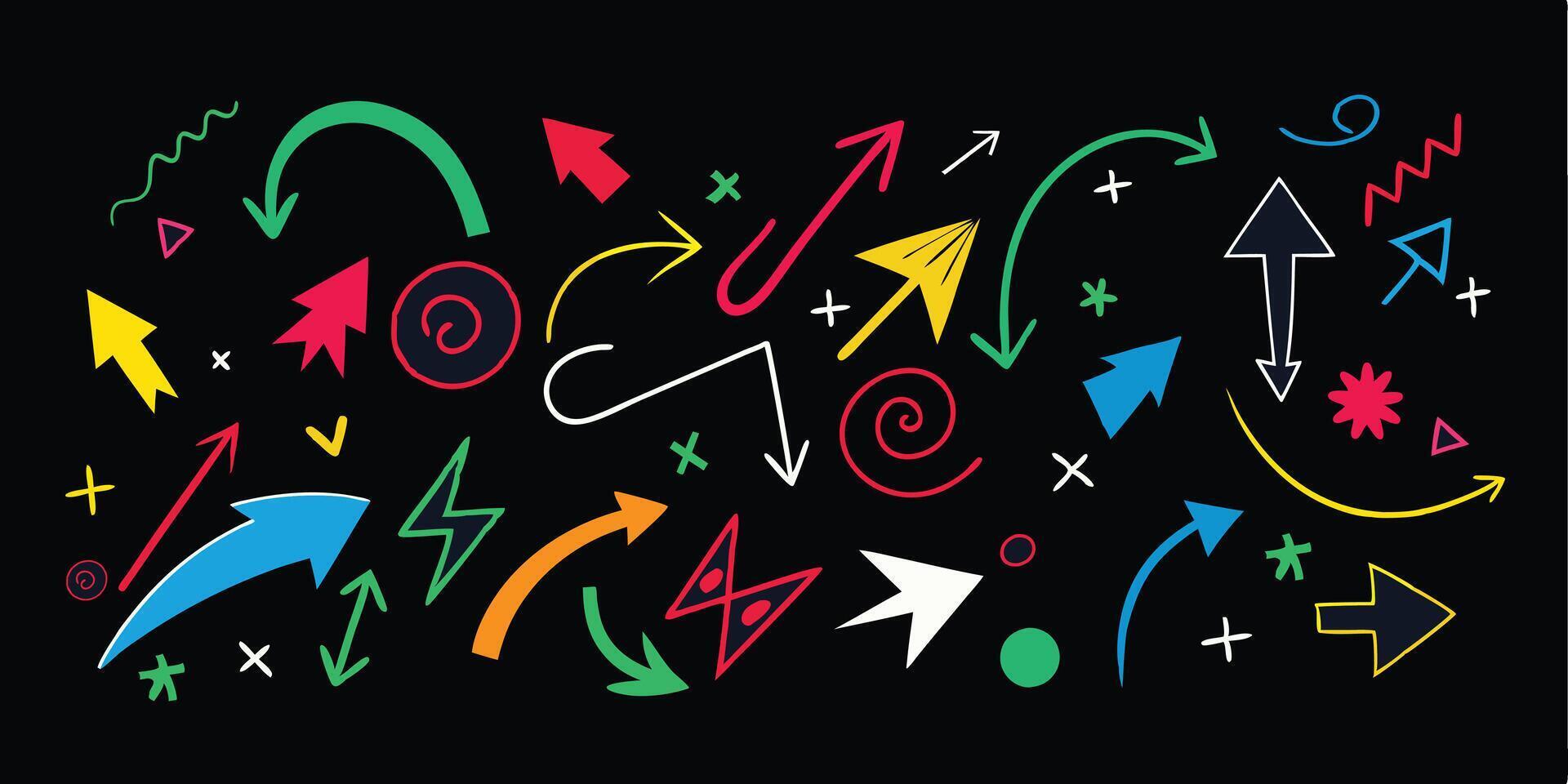 A colorful collection of hand drawn arrows points the way. vector