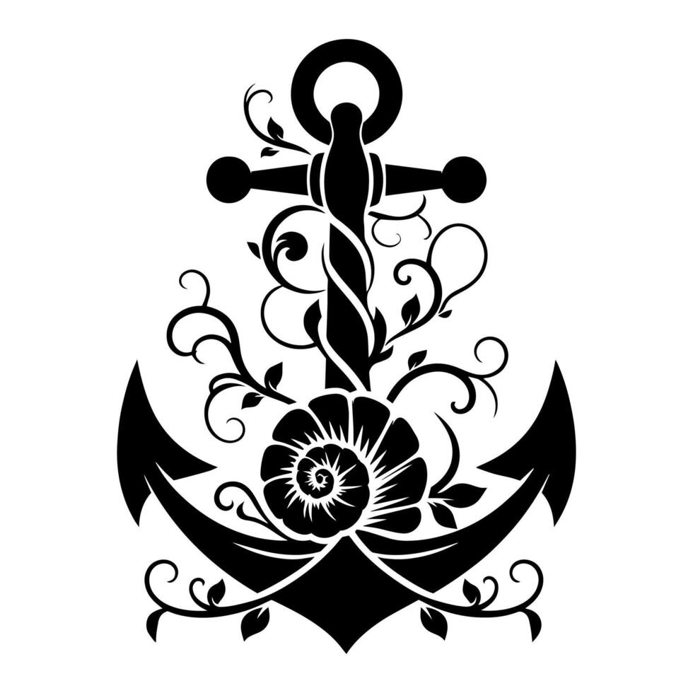 Elegant Floral Anchor with Vines for Nautical Logo and T shirt Design vector