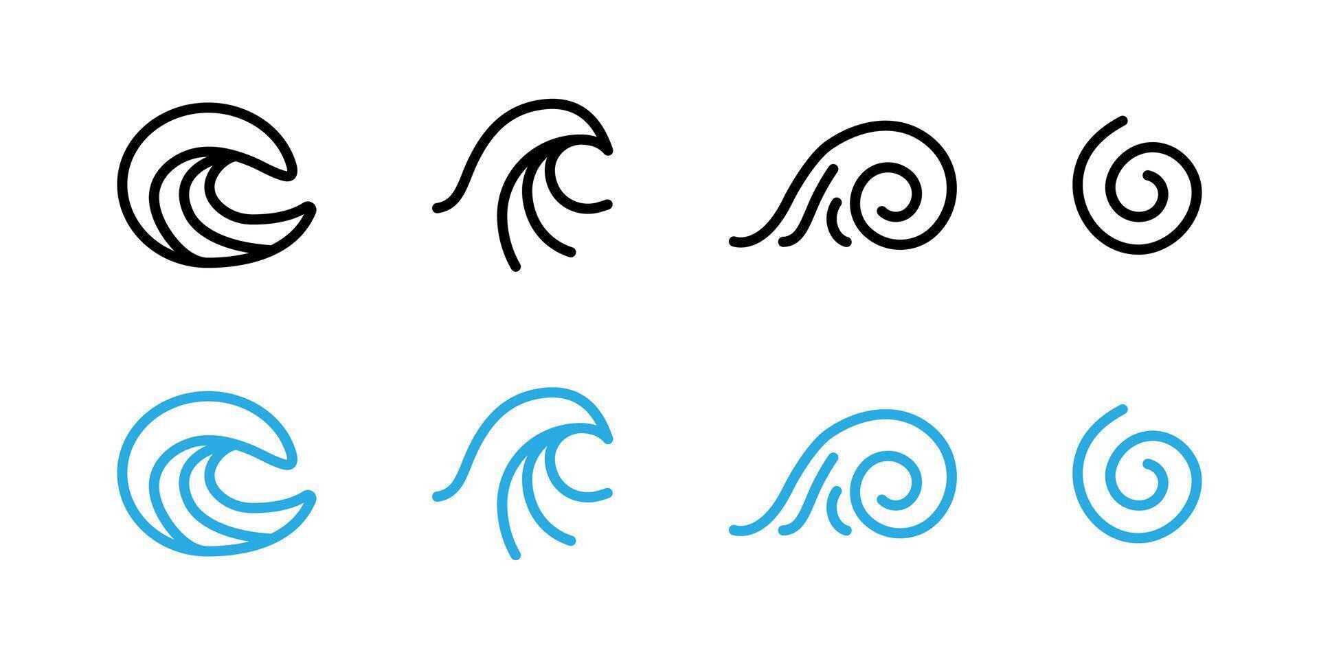 Tide icon set. Sea wave illustration. Ocean surf symbol. Wind flow sign. Water ripple pictogram. Spiral vortex logo. Swirl concept. High tide blue outline icon collection. Water curve. vector