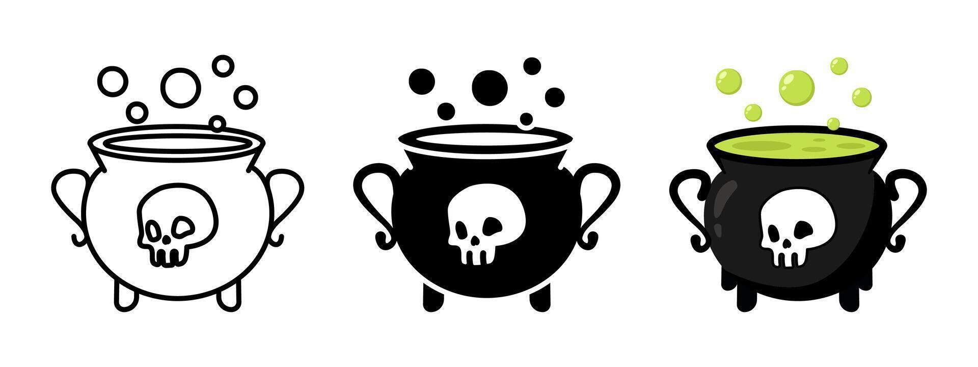 Halloween cauldron with poison icon. Witch pot with death skull and boiling poison illustration. Horror cauldron cartoon art. Witchcraft symbol. Magic spell cooking sign. Mystery boiler concept vector