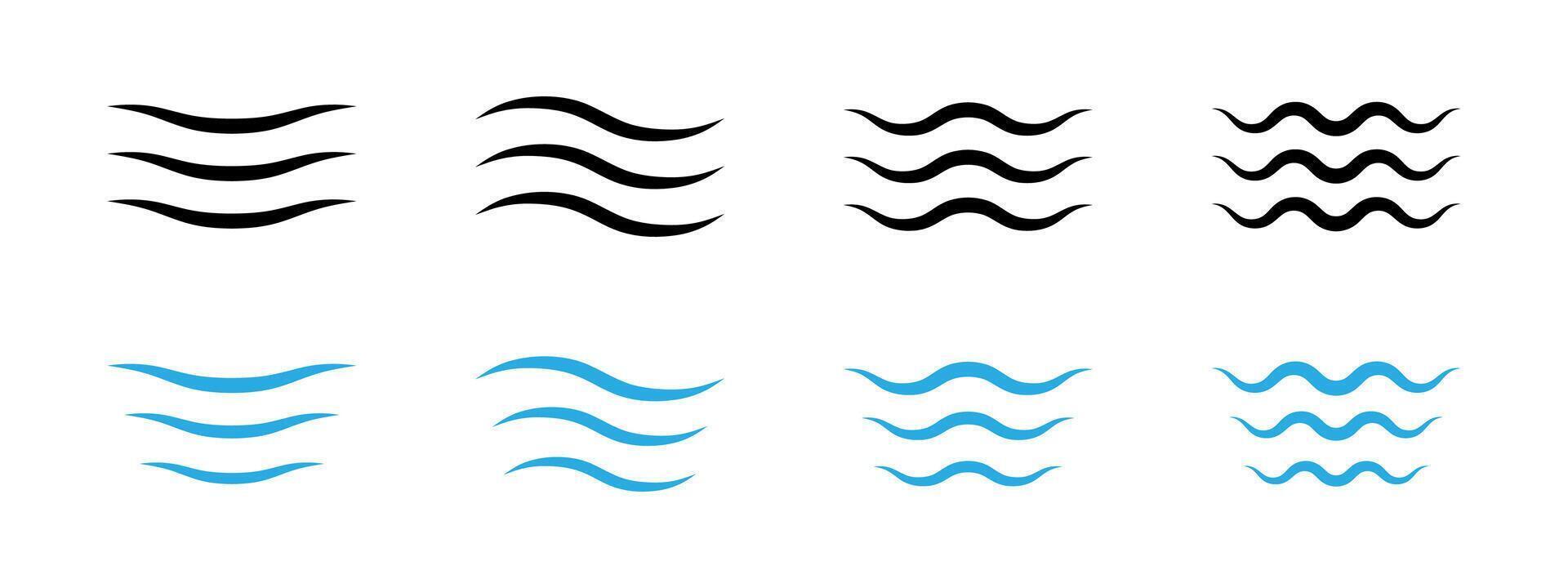 Sea wave icon set. Water surface ripple illustration. River flow sign. Liquid abstract symbol. Ocean tide curve pictogram. Fluid stream waves concept collection graphic outline design. vector