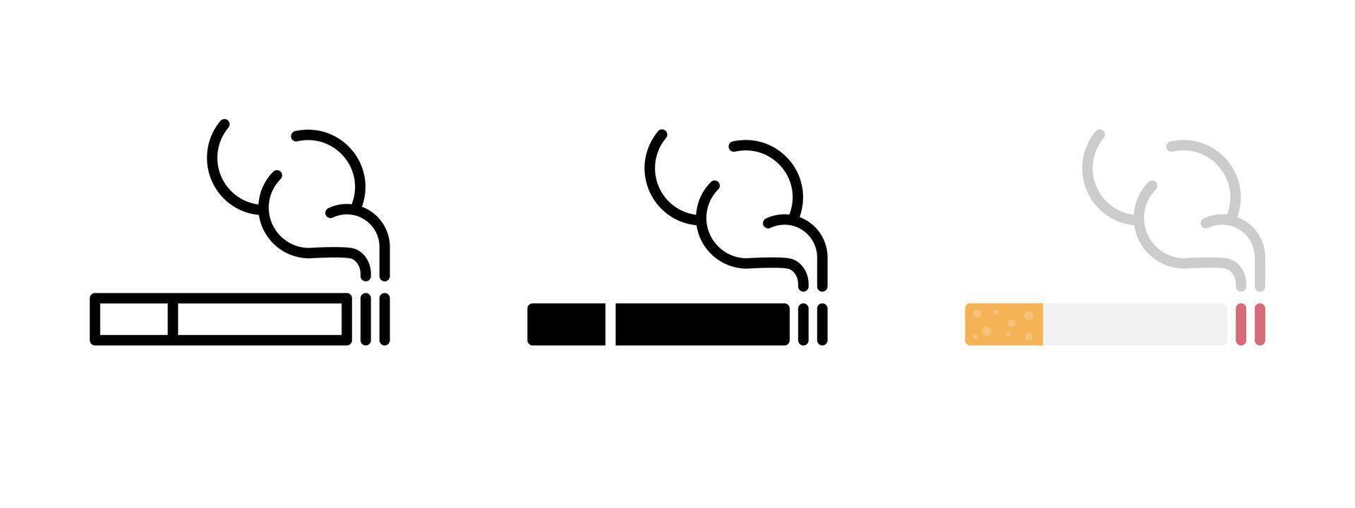 Cigarette icon. Smoke symbol. Smoking room sign. Smoker area or zone illustration. Nicotine addiction pictogram. Bad habit concept. Ashtray label. Cigarette simple flat line icon. vector