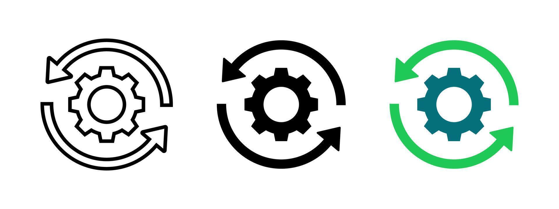 Sync settings button icon set. Update arrow symbol with gear. Reload button illustration. Reset settings button sign. Cogwheel rotation pictogram. Refresh web navigation concept. vector