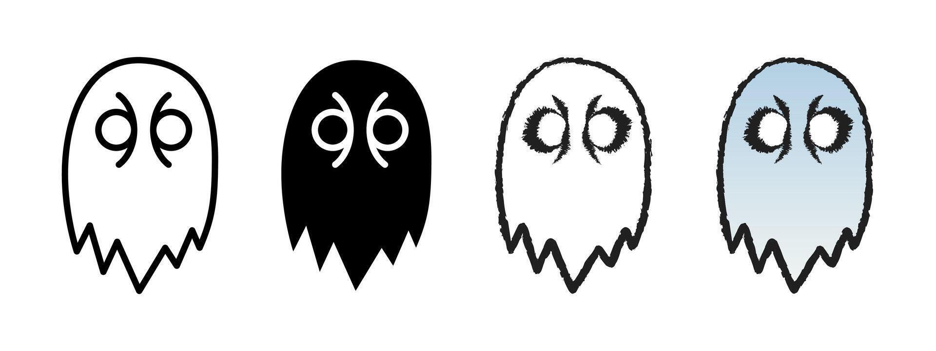 Evil ghost icon set. Scary hand-drawn Halloween character illustration. Nightmare symbol. Horror ghost pictogram collection. Ghostly monster silhouette. Mystery shadow creepy design. vector