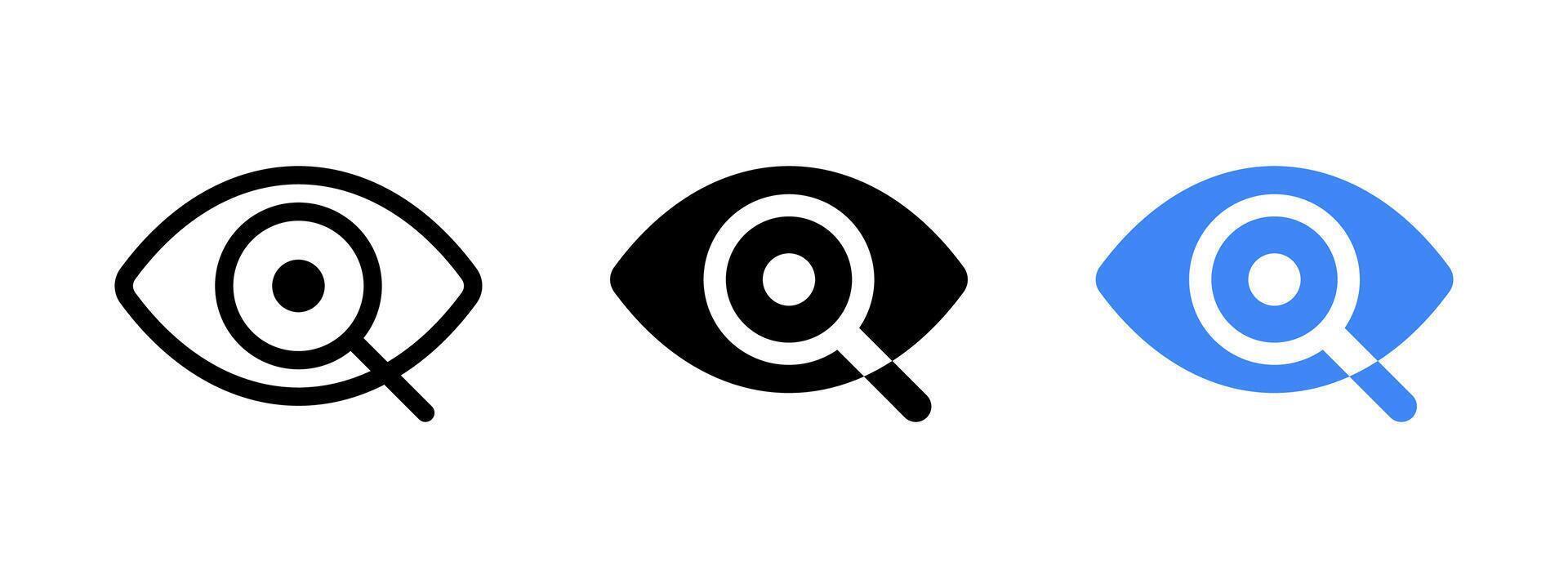 Preview icon. Search tool button. Discover more symbol. Eye and magnifying glass illustration. Eyesight concept. Ophthalmologist logo. Analytics or analysis icon. Enlarge or zoom button. vector