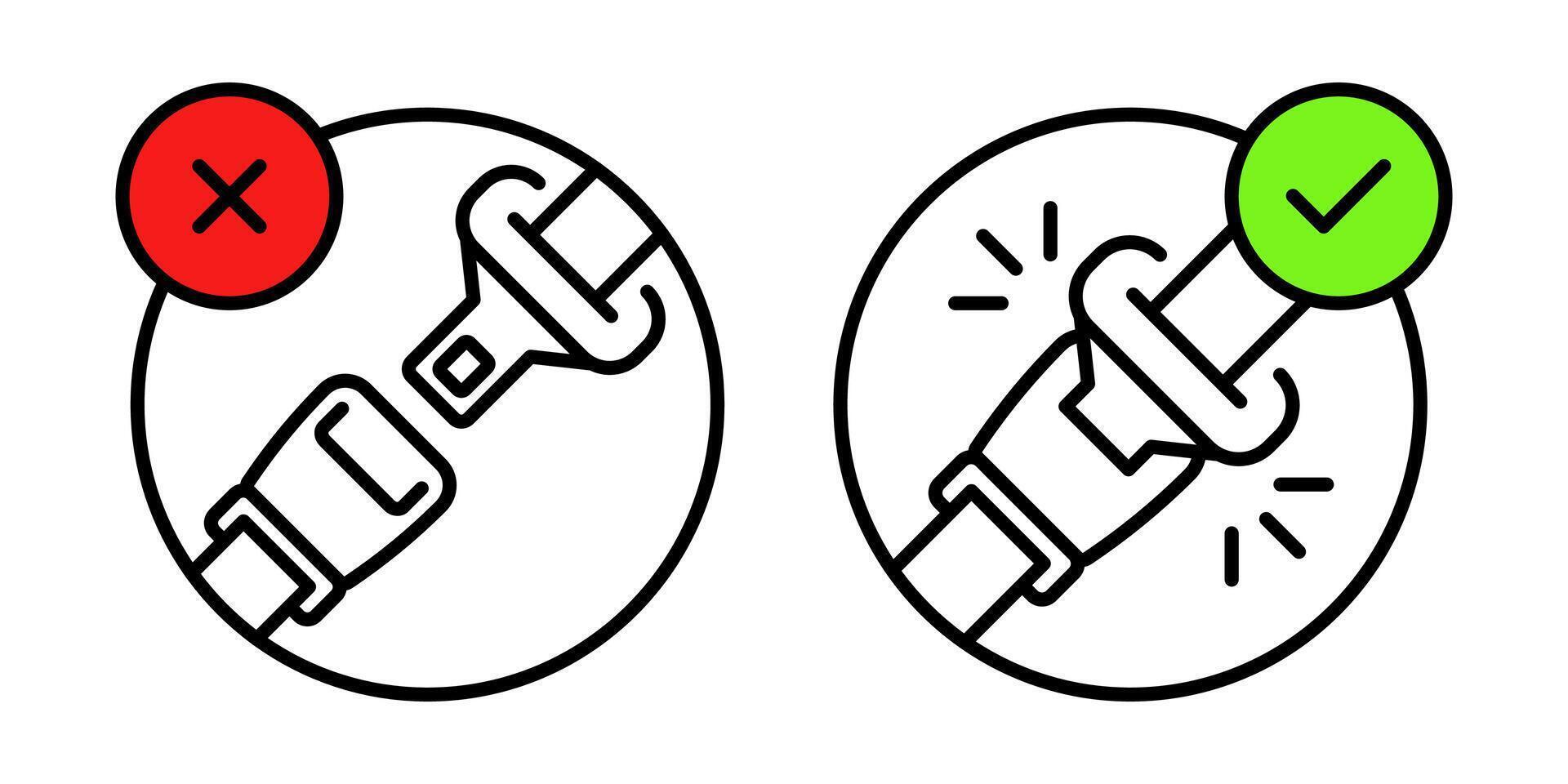 Fasten your seat belt sign. Unblocked and blocked driver and passenger seat belt icon with fastener and strap. Safety belt protection for car and plane passengers. Locked and unlocked seat belt vector