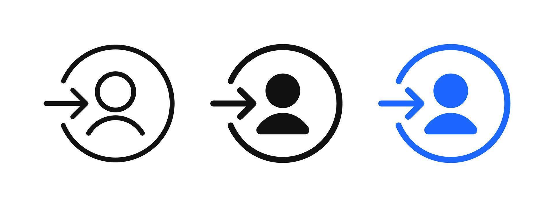 Login icon. User profile symbol. Sign up button. Account access illustration. Person head inside round circle with arrow pictogram. Sign up web interface authentication button. vector