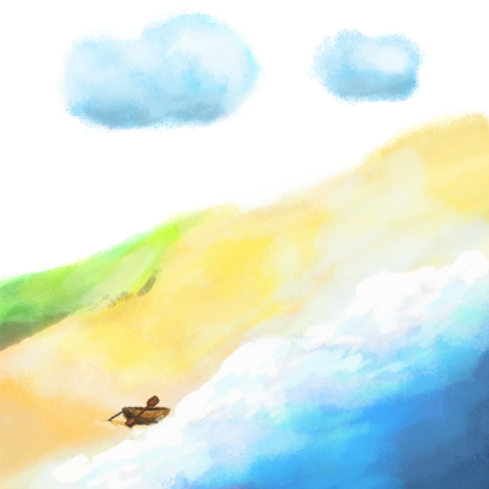 Beach with a boat illustration, seaside and cloud watercolor painting png