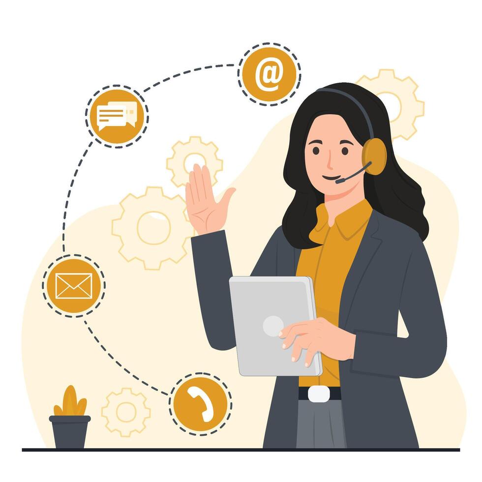 Call center concept Woman with laptop and headset. Flat illustration. vector