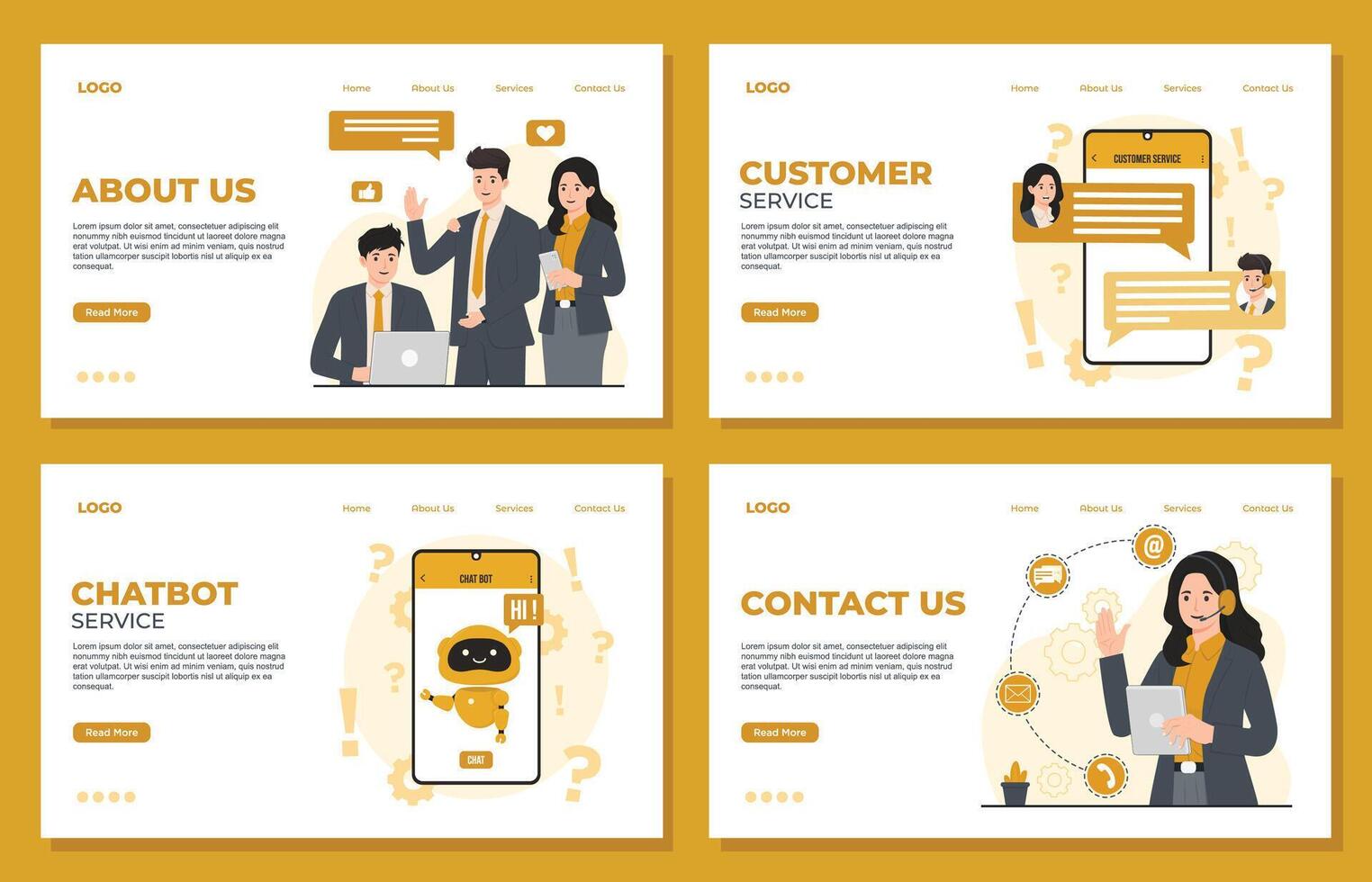 Call center and customer service landing page template concept. Flat design illustration set about us chat bot vector