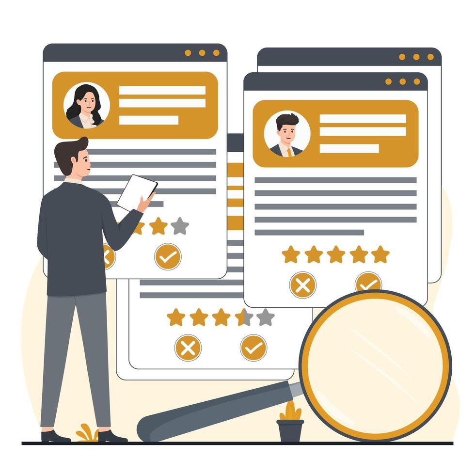 Recruitment concept illustration of a man and a woman looking at the review of a website. vector