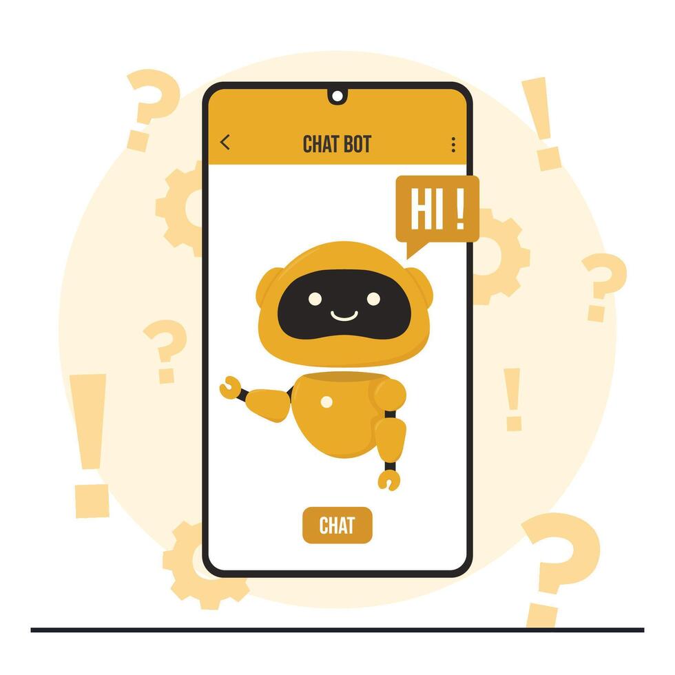chatbot chat bot concept Cute little robot with question mark on smartphone screen. Flat illustration. vector