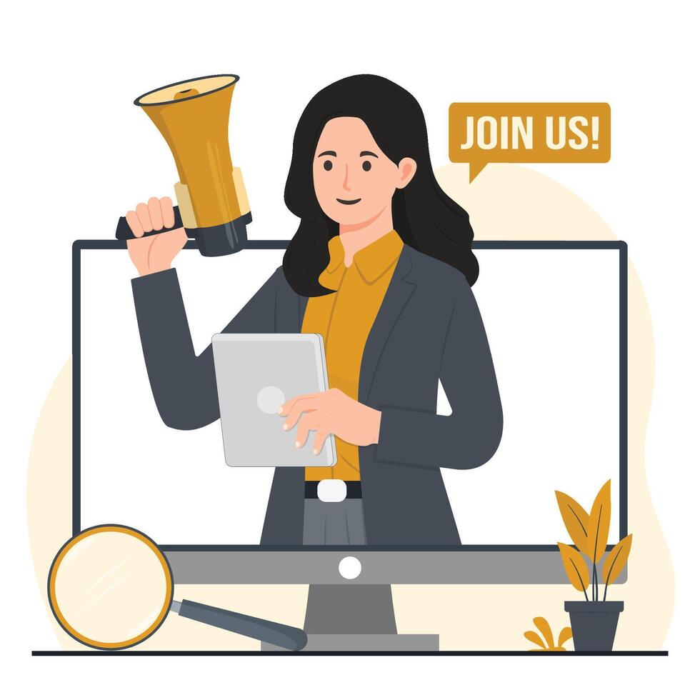 Recruitment concept Businesswoman with megaphone and computer. illustration in flat style vector