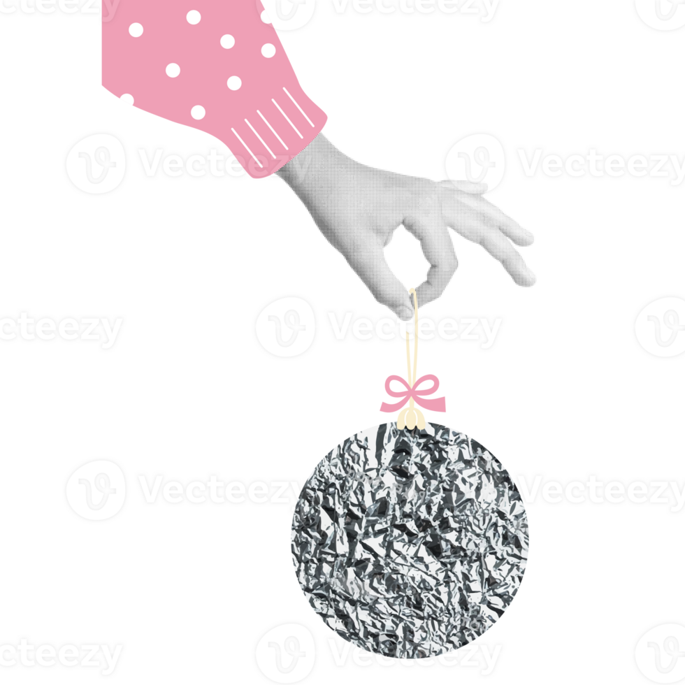 Vintage halftone collage Hand holding Glitter silver Christmas ball png