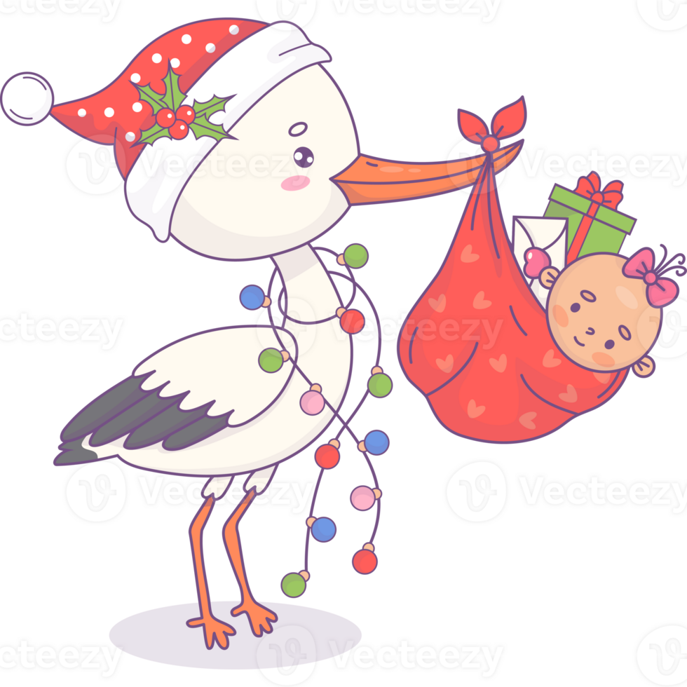 Christmas stork in Santa hat with baby girl in bag with gifts png