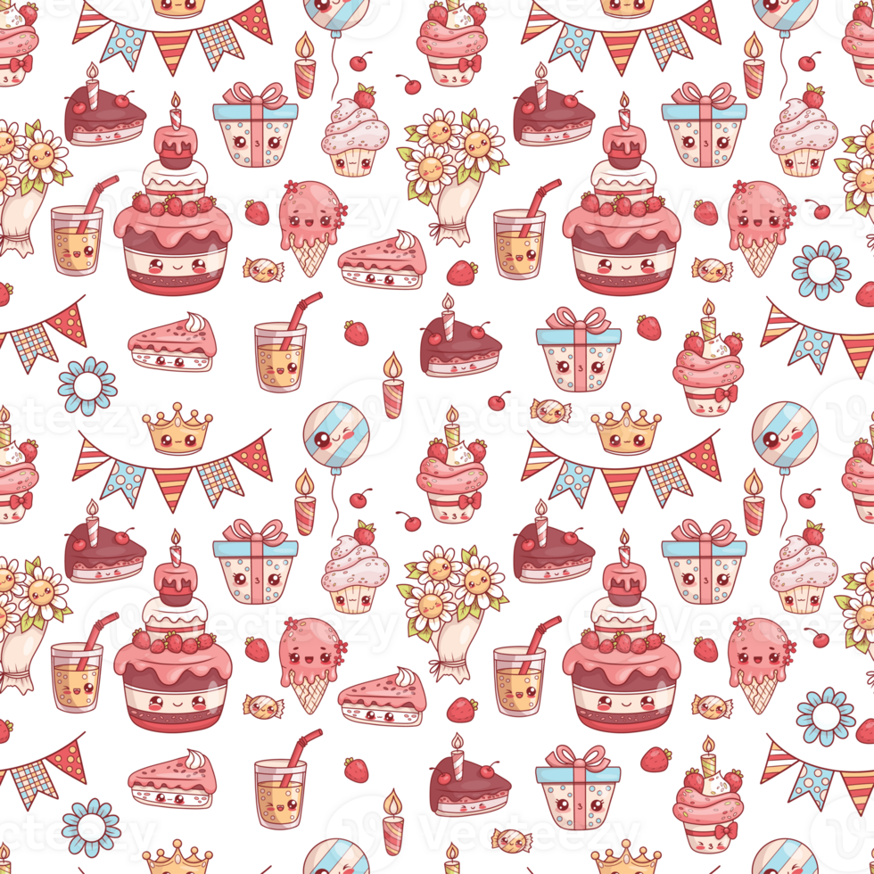 Seamless festive pattern. Holiday cute cartoon kawaii characters. Birthday cake, cupcake png