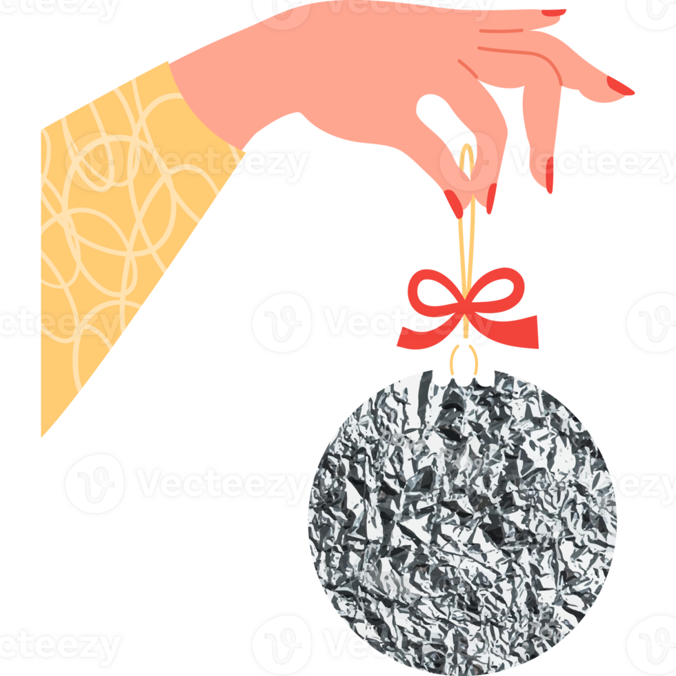 Elegant female hand with silver Christmas ball png
