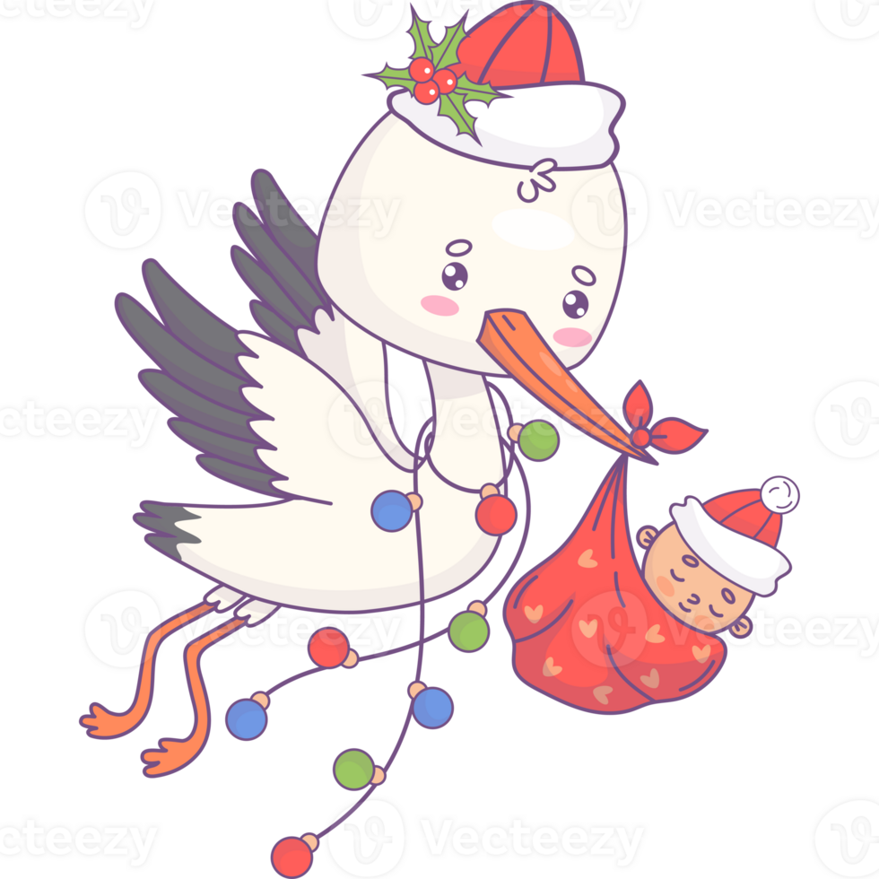 Christmas stork in Santa hat with garland carrying baby png