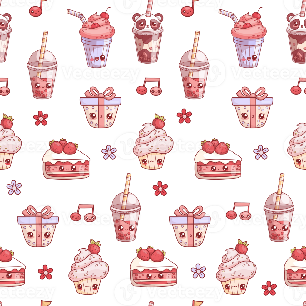 Seamless pattern with cute kawaii cartoon character sweet food and drinks png