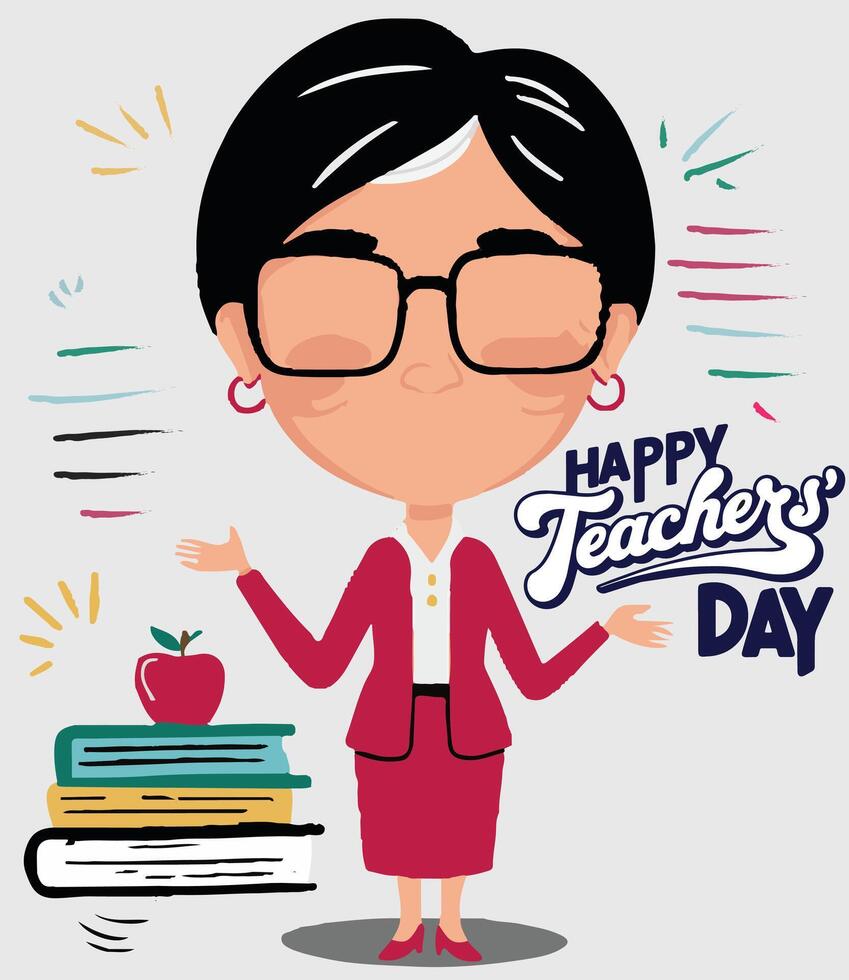 The cheerful female teacher stands in front of the class with a book ready to engage students in learning English teacher Customizable Cartoon Illustration vector
