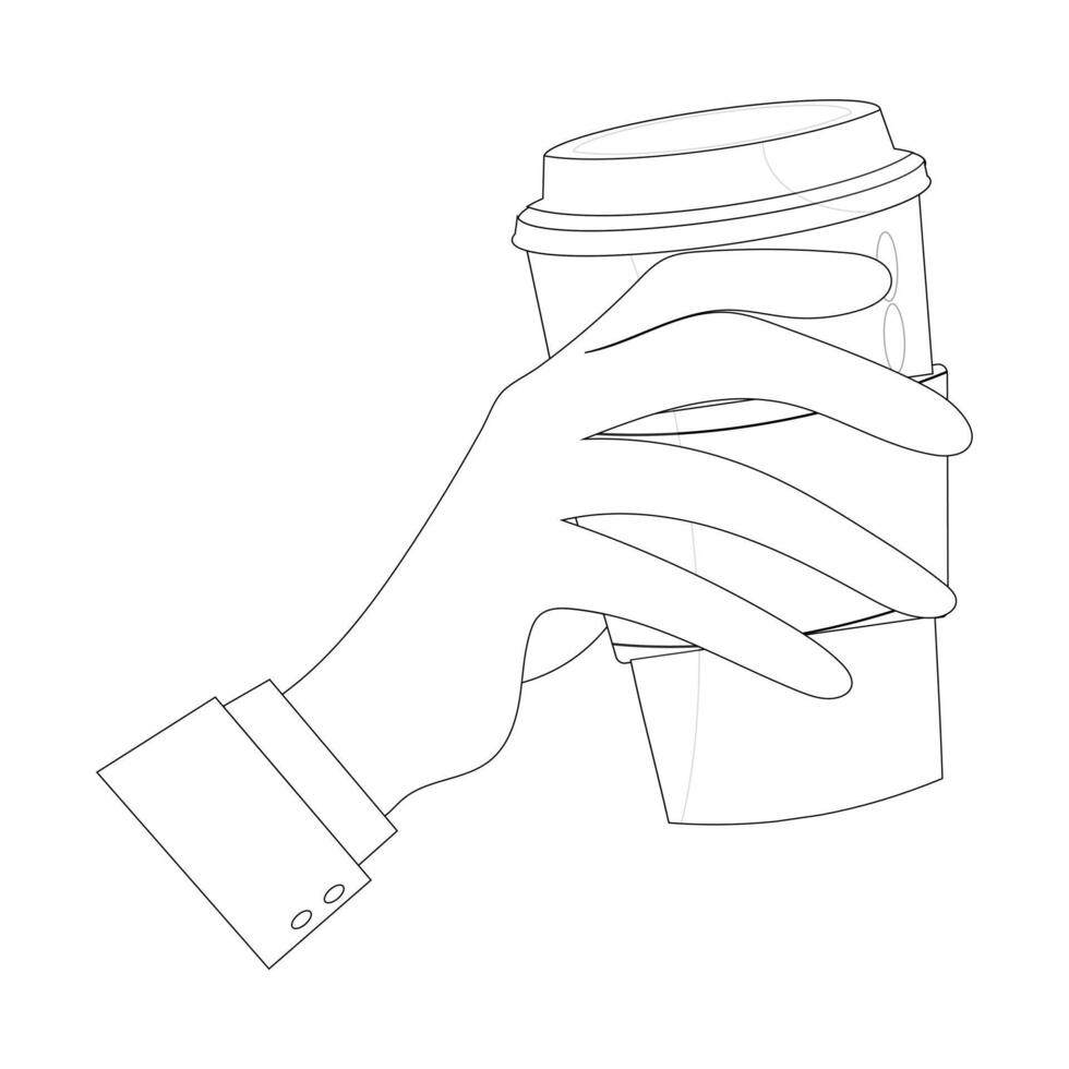 Outline of hand grasping a coffee cup with sleeve vector