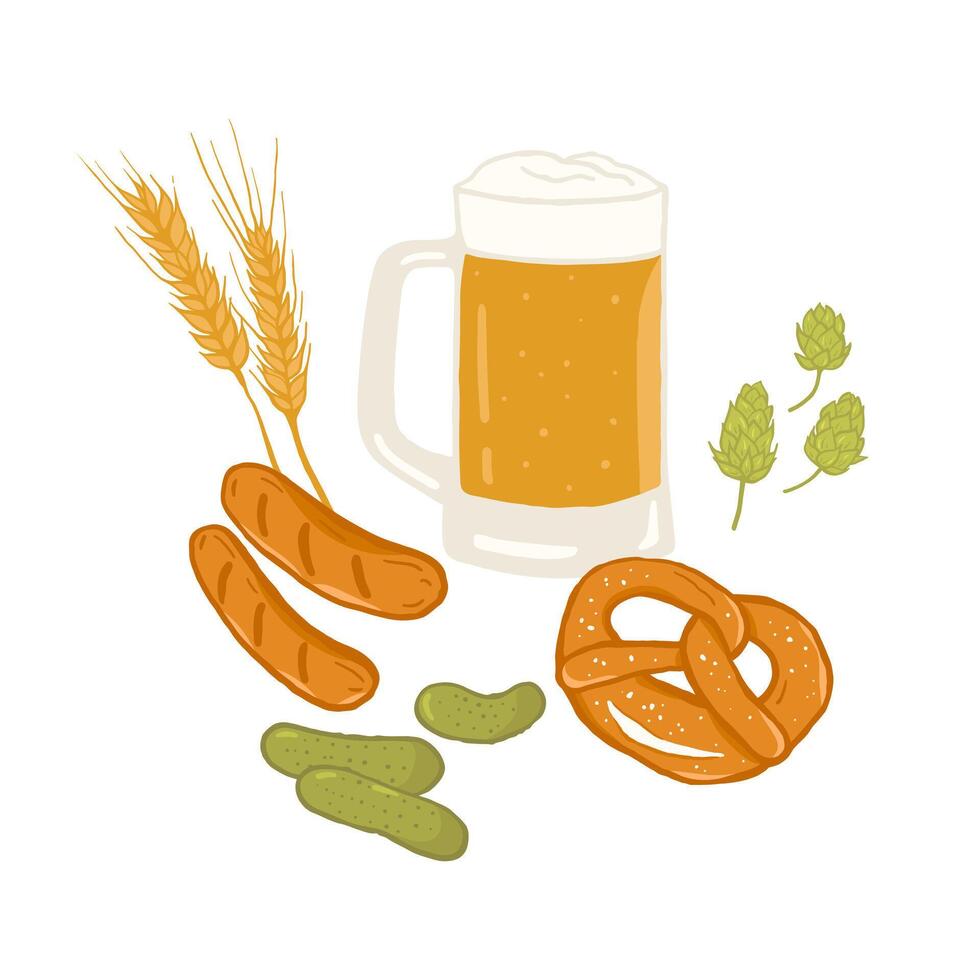 Food composition for Oktoberfest Bavarian festival. Illustration with hand drawn glass of beer, pretzel, sausages, pickled cucumbers, wheat ears and hops vector