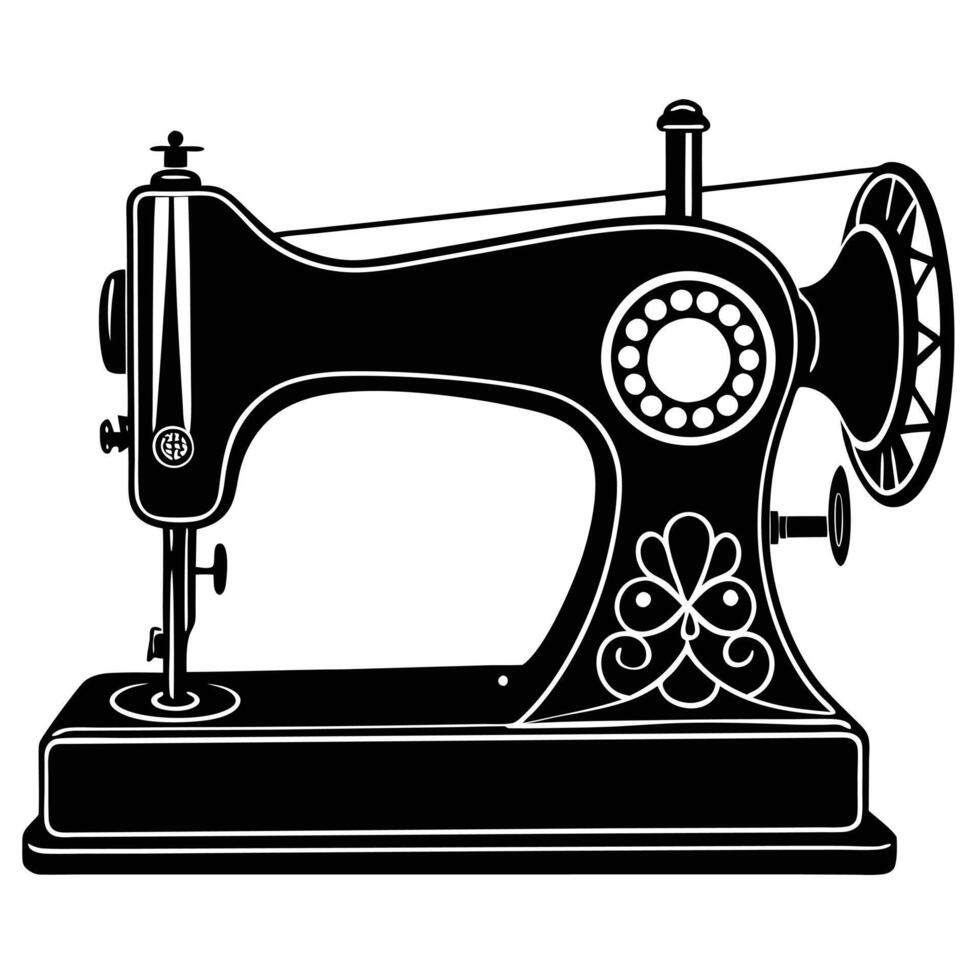 A black and white illustration of a sewing machine vector
