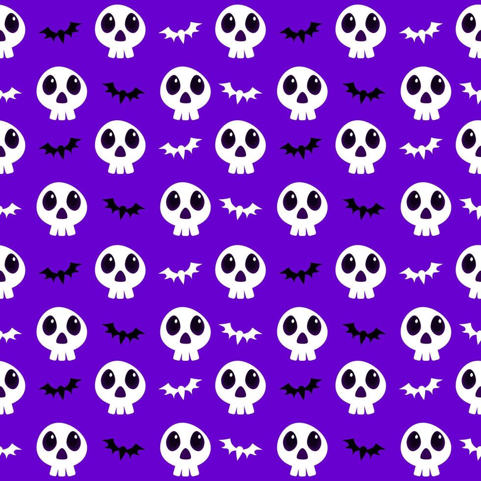 A halloween pattern with skulls and bats on a purple background vector