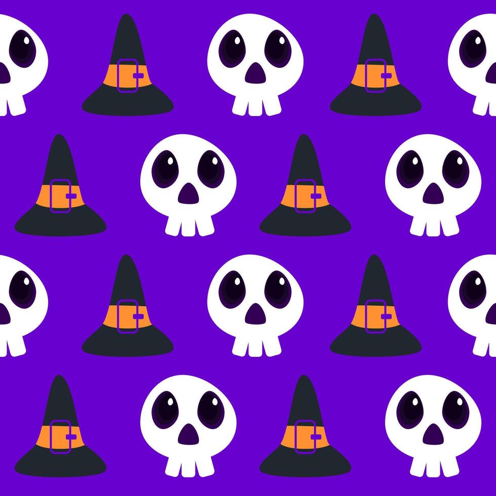 Halloween skull pattern with witch hats and skulls vector