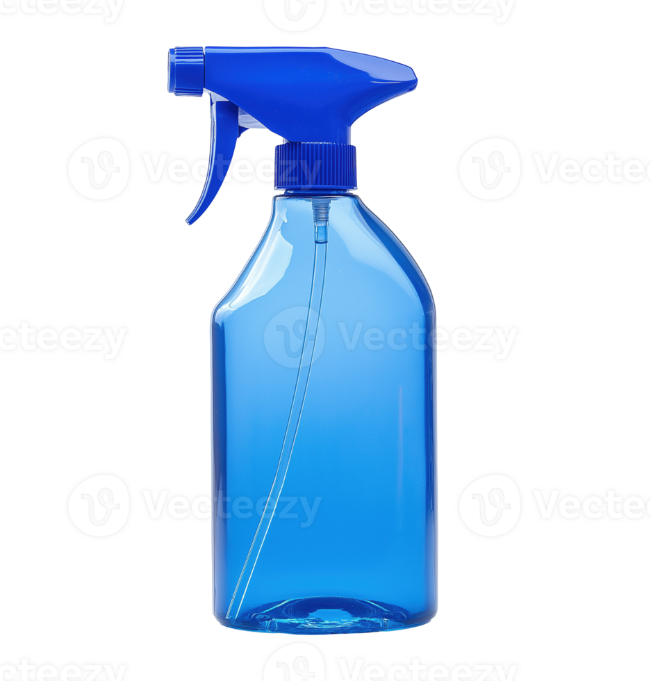 Blue plastic spray bottle with trigger nozzle image isolated transparent. Household cleaning tool cut out. Home, industrial use. Spray cleaner cutout element object photography png